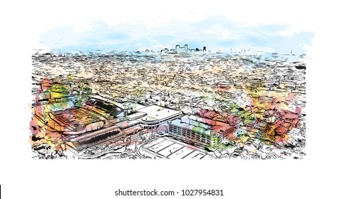 Skyline of New Orleans City in Louisiana, USA. Watercolor splash with Hand drawn sketch illustration in vector.