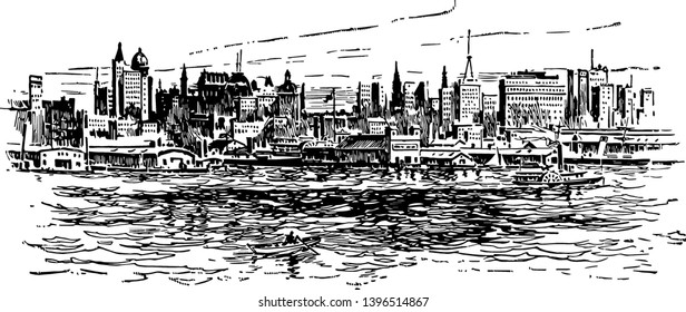 The skyline of New York City in 1912 vintage line drawing or engraving illustration.