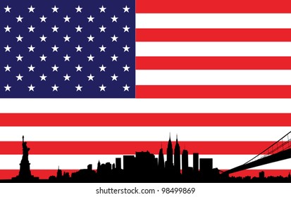 skyline of new york city with flag of united states of america