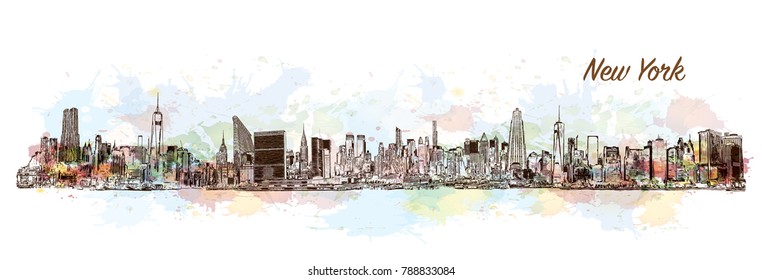 Skyline of New York. Watercolor splash with sketch in vector illustration.