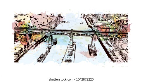 Skyline of Newcastle upon Tyne, City in England. Hand drawn sketch illustration in vector.