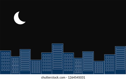 Skyline of a night city with bluish buildings and the moon in the sky