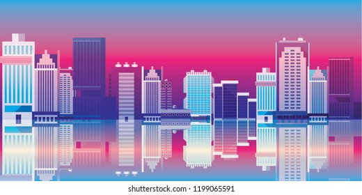 skyline night city. Cityscape on a dark background with bright and glowing neon   Cyberpunk and retro wave style illustration. Suitable For Wallpaper  Banner  Card  Book Illustration  Web Landing Page
