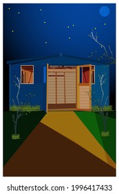 skyline at night and hut in the forest. illustration vector