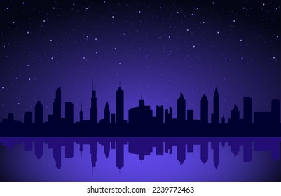 Skyline night vector background city futuristic sityscape purple sky view digital building