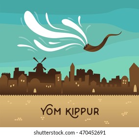 skyline of old city Jerusalem. Yom Kippur , Jewish holiday, card. May You Be Inscribed In The Book Of Life For Good in Hebrew