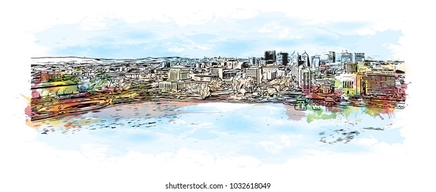 Skyline of Orlando City in Florida, USA. Watercolor splash with Hand drawn sketch illustration in vector.