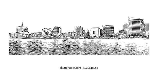 Skyline of Orlando City in Florida, USA. Hand drawn sketch illustration in vector.