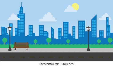 Skyline in the park with street during the day