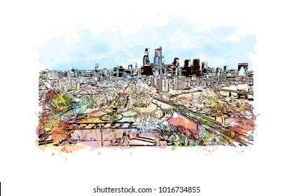 Skyline of Philadelphia City in Pennsylvania, USA. Watercolor splash with hand drawn sketch illustration in vector.