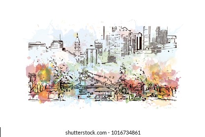 Skyline of Philadelphia City in Pennsylvania, USA. Watercolor splash with hand drawn sketch illustration in vector.