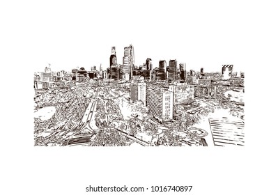 Skyline of Philadelphia City in Pennsylvania, USA. Hand drawn sketch illustration in vector.