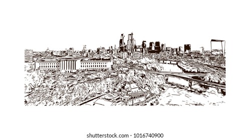 Skyline of Philadelphia City in Pennsylvania, USA. Hand drawn sketch illustration in vector.