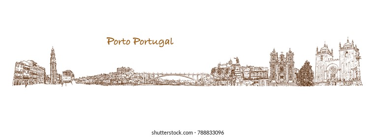 Skyline of Porto, Portugal. Hand drawn sketch in vector illustration.