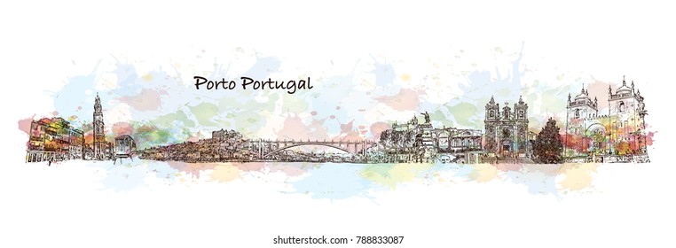 Skyline of Porto, Portugal. Watercolor splash with sketch in vector illustration.