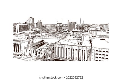 Skyline of San Antonio City in Texas, USA. Hand drawn sketch illustration in vector.