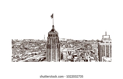 Skyline of San Antonio City in Texas, USA. Hand drawn sketch illustration in vector.