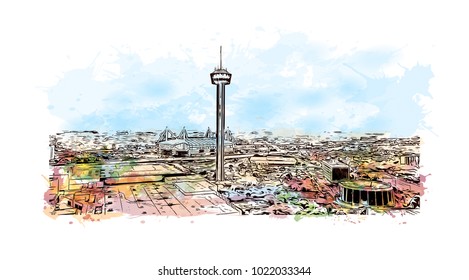 Skyline of San Antonio City in Texas, USA. Watercolor splash with Hand drawn sketch illustration in vector.