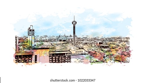 Skyline of San Antonio City in Texas, USA. Watercolor splash with Hand drawn sketch illustration in vector.