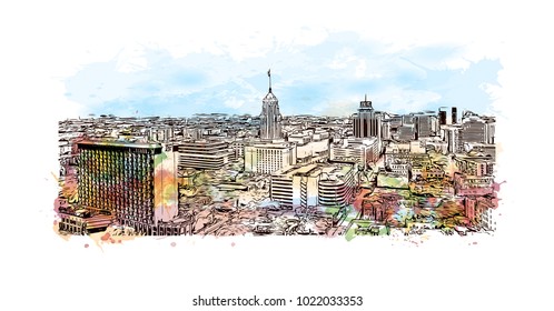 Skyline of San Antonio City in Texas, USA. Watercolor splash with Hand drawn sketch illustration in vector.