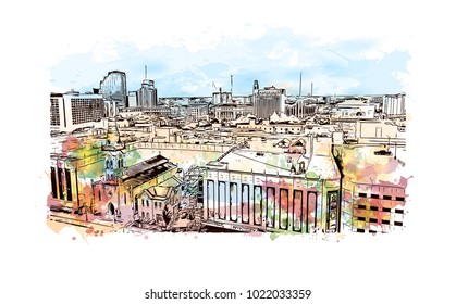 Skyline of San Antonio City in Texas, USA. Watercolor splash with Hand drawn sketch illustration in vector.