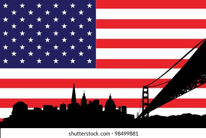 skyline of san francisco with the flag of united states of america