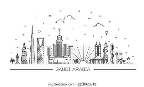 Skyline de Arabia Saudita, silueta detallada. Ilustración vectorial de moda, estilo lineal