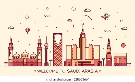 Skyline of Saudi Arabia, detailed silhouette. Trendy vector illustration, linear style.