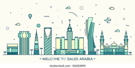 Skyline da Arábia Saudita, silhueta detalhada. Ilustração vetorial na moda, estilo linear.