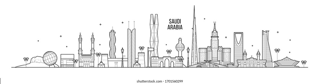 Skyline of Saudi Arabia. This illustration represents the city with its most notable buildings. Vector is fully editable, every object is holistic and movable