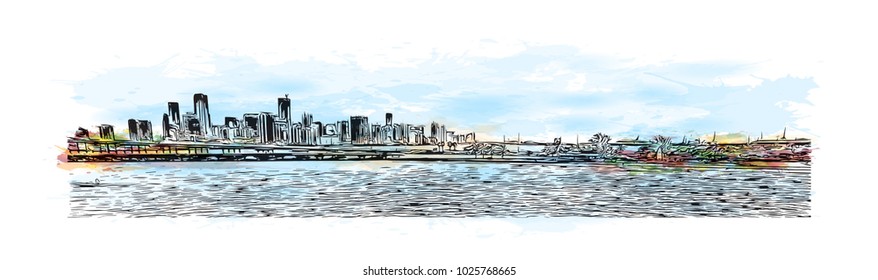 Skyline with sea view of Miami City in Florida, USA. Watercolor splash with hand drawn sketch illustration in vector.