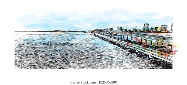 Skyline with sea view of Miami City in Florida, USA. Watercolor splash with hand drawn sketch illustration in vector.