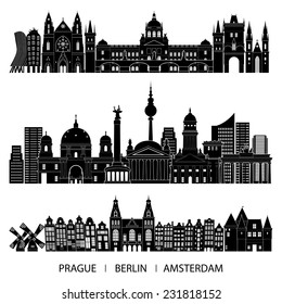 Skyline set (Prague, Berlin, Amsterdam). Vector illustration