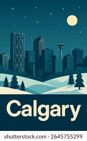 Calgary’s skyline shines brightly under a blanket of snow on a crisp winter night, offering a peaceful and serene view of the city illuminated by city lights and framed by snow-capped peaks
