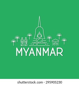 A skyline of sights in Myanmar an a logo beneath