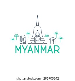 A skyline of sights in Myanmar an a logo beneath