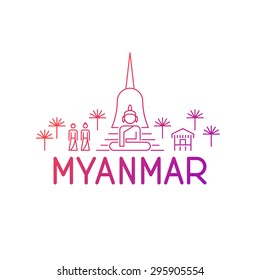 A skyline of sights in Myanmar an a logo beneath