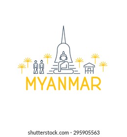 A skyline of sights in Myanmar an a logo beneath