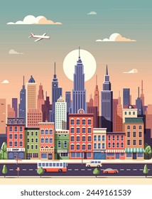 Skyline silhouette with aircraft flying over skyscrapers in urban cityscape. An urban skyline featuring towering skyscrapers and a plane soaring through the sky above the city. Vector illustration