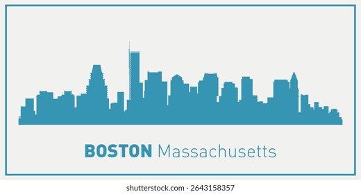 skyline silhouette of the city of Boston, Massachusetts executed in blue on a light background with a frame and the inscription “Boston, Massachusetts” below.