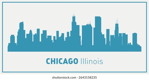 skyline silhouette of the city of Chicago, Illinois executed in blue on a light background with a frame and the inscription “Chicago, Illinois ” below.