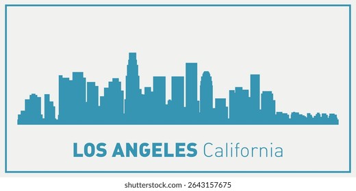 skyline silhouette of the city of Los Angeles, California, executed in blue on a light background with a frame and the inscription “LOS ANGELES California” below.