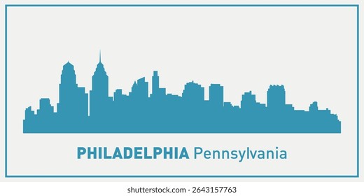 skyline silhouette of the city of Philadelphia, Pennsylvania executed in blue on a light background with a frame and the inscription “Philadelphia, Pennsylvania” below.