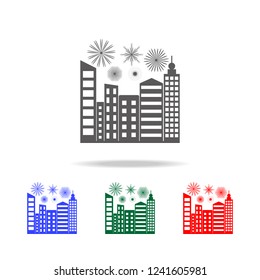 skyline silhouette with fireworks icon. Elements of Christmas holidays in multi colored icons. Premium quality graphic design icon. Simple icon for websites, web design, mobile app