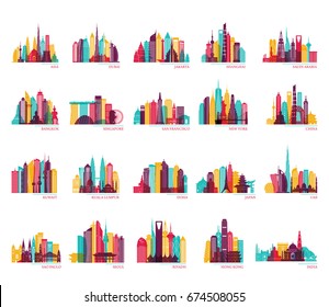 Skyline silhouette set (India, China, Japan, Seoul, Jakarta, Bangkok, Kuwait, Dubai, Saudi Arabia, Riyadh, Doha, Shanghai, New York and other). Travel and tourism vector background. 