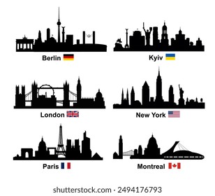 Skyline silhouettes of cities the world with flags (Berlin, Kyiv, London, New York, Paris, Montreal). Vector illustration