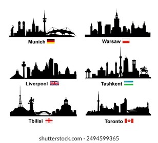 Skyline silhouettes of cities the world with flags (Munich, Warsaw, Liverpool, Tashkent, Tbilisi, Toronto). Vector illustration