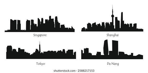 Skyline silhouettes of modern asian cities including Singapore, Shanghai, Tokyo, D Nang. Cityscape black flat vector illustrations isolated on white background