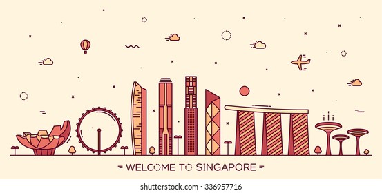 Skyline of Singapore, detailed silhouette. Trendy vector illustration, linear style.