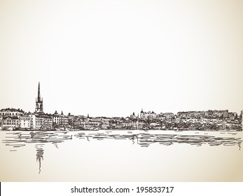 Skyline Sketch of Stockholm with water reflection. Hand drawn illustration.